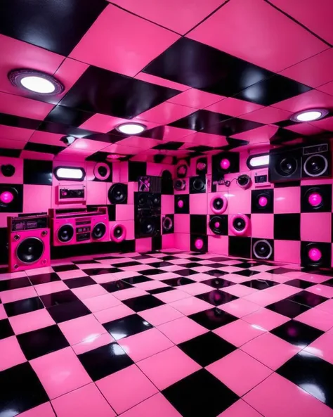 best quality , a pink and black checkered floor with a pink boombox , <lora:Neon_Environments:1> , neon light