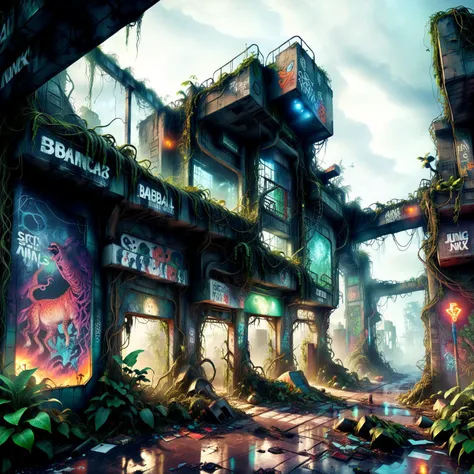 masterpiece, highly detailed, sci fi, fantasy intricate design, <lora:xl_more_art-full_v1:1>, post-apocalyptic, wasteland, city overrun with jungle, jungle animals, buildings with vines, extremely detailed plants, building signs, broken neon, graffiti, broken glass, stray animals, dark sky, haze, mist, eerie, liminal, <lora:Neon_Environments:1>,<lora:add-detail-xl:1>