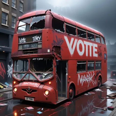<lora:Harrlogos_v2.0:1> ('Vote Tory' text logo:1.4), Red English double-decker bus, Routemaster bus, rusted, abandoned, broken, smashed glass, graffiti, vandalised,graffiti on side of bus, Banksy, neon,neon paint, neon graffiti, surreal, punk, dramatic lighting, cinematic, atmospheric, intricate detail, extreme detail, UHD, 8k, masterpiece,<lora:Neon_Environments:1>, <lora:add-detail-xl:1>, <lora:JuggerCineXL2:1>