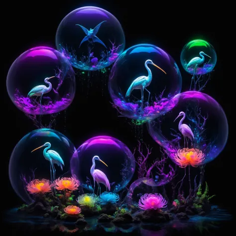 Exotic plants grow in giant floating transparent bubbles in a deep black background. Each bubble contains a unique ecosystem with a neon glow, with magical creatures and vibrant colors. An ethereal light glows down on the bubbles <lora:Neon_Environments:0.8>