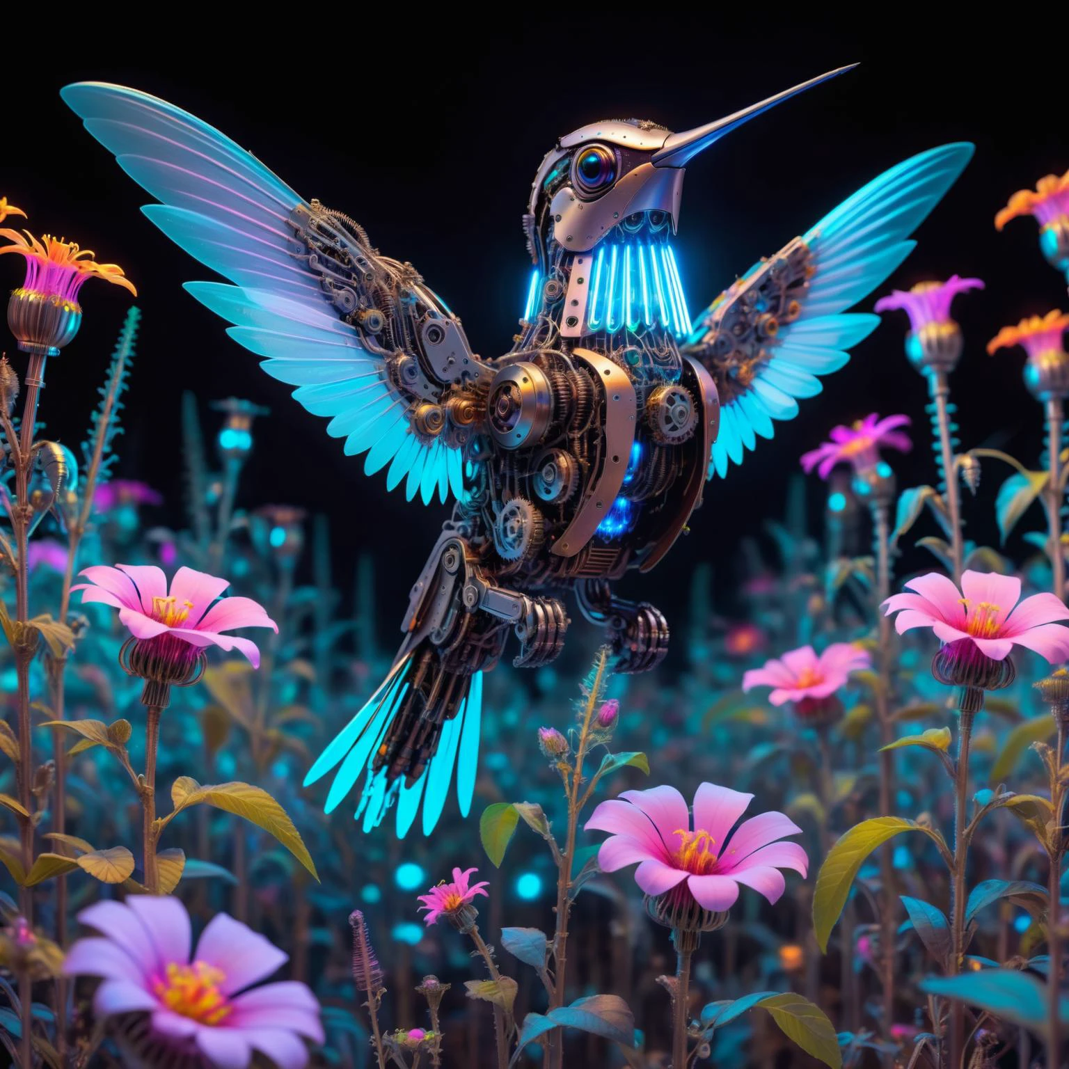 An intricate highly detailed robotic steampunk hummingbird pollinating a field of bioluminescent neon flowers, a masterpiece of a scene with a cinematic atmosphere <lora:Neon_Environments:1><lora:SteampunkXL_V1:0.8>