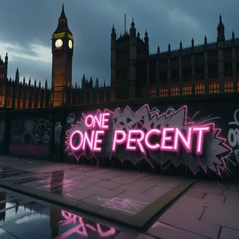 <lora:Harrlogos_v2.0:1> ('One Percent' text logo:1.4),outdoors,outside, Big Ben, graffiti on the side of the Houses of Parliament,graffiti, Banksy, neon,neon paint, neon graffiti, surreal, punk, dramatic lighting, cinematic, atmospheric, intricate detail, extreme detail, UHD, 8k, masterpiece,<lora:Neon_Environments:1>, <lora:add-detail-xl:1>, <lora:JuggerCineXL2:1>