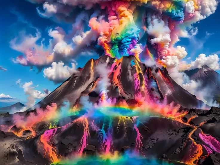 A majestic volcano erupting with multi-colored neon lava, streams of rainbows, colorful clouds, and ethereal light. The sky around the volcano is a canvas of vibrant colors and shimmering light, creating a surreal landscape. (Plumes of colored smoke and debris fill the sky:1.5),<lora:xl_more_art-full_v1:1>, <lora:Neon_Environments:1>,