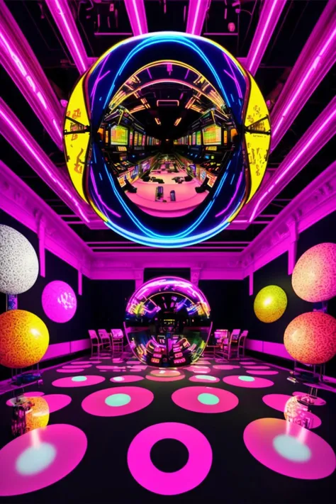 a room with a large mirror ball and tables , neons