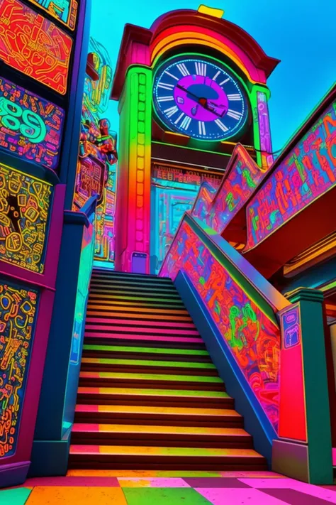 a stairway leading to a colorful building with a clock on the wall , neons