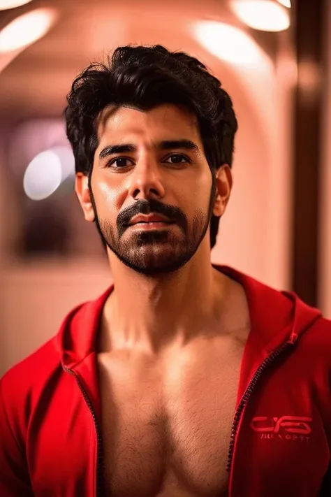 sacha dhawan a man <lora:pavail-gulati_Sacha-Dhawan:1>, realistic photo in a worn ((skin-revealing skimpy erotic red tracksuit, massive hairy pecs showing nipples)), big pecs, big arms, bulge, VPL, ((light bokeh)), intricate, (steel metal [rust]), elegant, erotic, exuding sexual energy, homoerotic, sharp focus, photo by greg rutkowski, soft lighting, vibrant colors, (masterpiece), ((streets)), (detailed face), looking at viewer, light smile, night, walking towards viewer, cinematic lighting, beautiful lighting, cinematic lighting, (hazy filter, film grain:1.2),showing underwear, <lora:white_jockstrap:1>