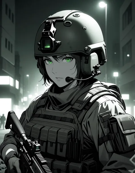 1girl, solo, mature female, military operator, short hair, combat helmet, ear protection, tactical clothes, camouflage, sleeves rolled up, pants, body armor, bulletproof vest, load bearing vest, ammunition pouch, gloves, magazine \(weapon\), holding gun, assault rifle, trigger discipline, portrait, close-up, looking at viewer, <lora:night vision style:1> night vision style, night vision, glowing, recording, monochrome, green theme, night, outdoors, middle east, building, street, debris, vignette, film grain, grainy, depth of field, moody, cinematic, filmic, high budget, (masterpiece), (best quality), (ultra-detailed), very aesthetic, illustration, perfect composition, intricate details, absurdres, <lora:xl_more_art-full_v1:0.5>, <lora:add-detail-xl:0.5>