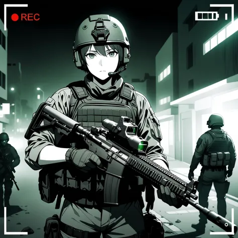 1girl, solo, mature female, military operator, short hair, combat helmet, ear protection, tactical clothes, camouflage, sleeves rolled up, pants, body armor, bulletproof vest, load bearing vest, ammunition pouch, gloves, magazine \(weapon\), holding gun, assault rifle, looking at viewer, expressionless, <lora:night vision style:0.9> night vision style, night vision, glowing, recording, monochrome, green theme, night, outdoors, middle east, building, street, debris, vignette, film grain, grainy, depth of field, moody, cinematic, filmic, high budget, (masterpiece), (best quality), (ultra-detailed), very aesthetic, illustration, perfect composition, intricate details, absurdres, <lora:xl_more_art-full_v1:0.5>, <lora:add-detail-xl:0.5>