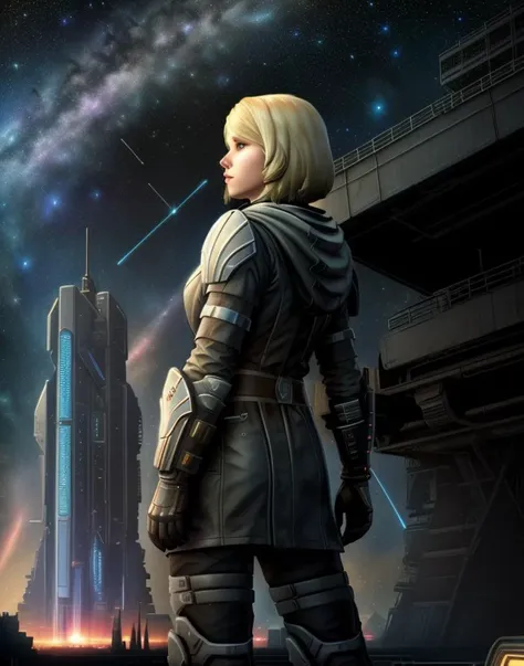 (masterpiece, best quality),  onoff, side to side portrait , outdoors, ruins, future city, cyberpunk, space, starry sky, spacecraft, full body, 1girl, solo, LanaBeniko, facing the camera, looking back at the viewer, blonde hair, toned, LanaBenikoKofte