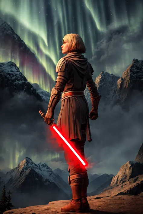 (masterpiece, best quality), outdoors, mountains, aurora, cliffside, full body, looking down, 1girl, solo, LanaBeniko, <lora:LanaBeniko_V2-Manityro-kofte:1.0>, toned, LanaBenikoKofte, scarf, holding red lightsaber,  <lyco:UnlimitedBladeWorks1.6:1.1>, from side