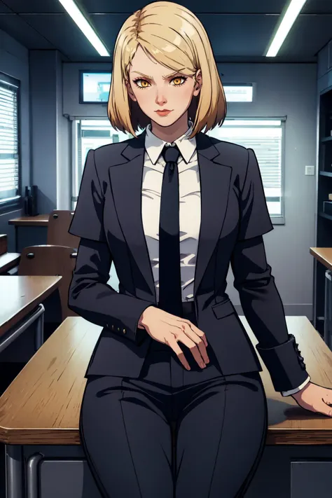 (masterpiece, best quality), indoors, space, spacecraft interior, office, cowboy shot, 1girl, solo, LanaBeniko, yellow eyes, <lora:LanaBeniko_V1-Manityro-kofte:1.0>, toned, necktie, business suit, business pants, sitting, on desk, taut clothes,