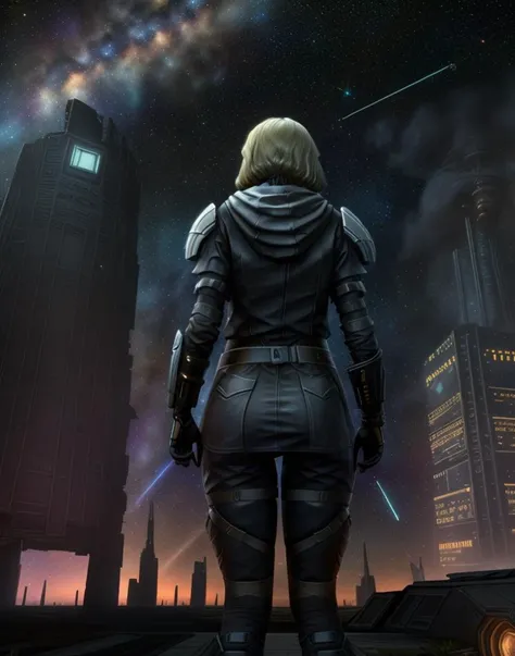 (masterpiece, best quality), outdoors, ruins, future city, cyberpunk, space, starry sky, spacecraft, full body, 1girl, solo, LanaBeniko, from behind, looking back at the viewer, blonde hair, toned, LanaBenikoKofte, 