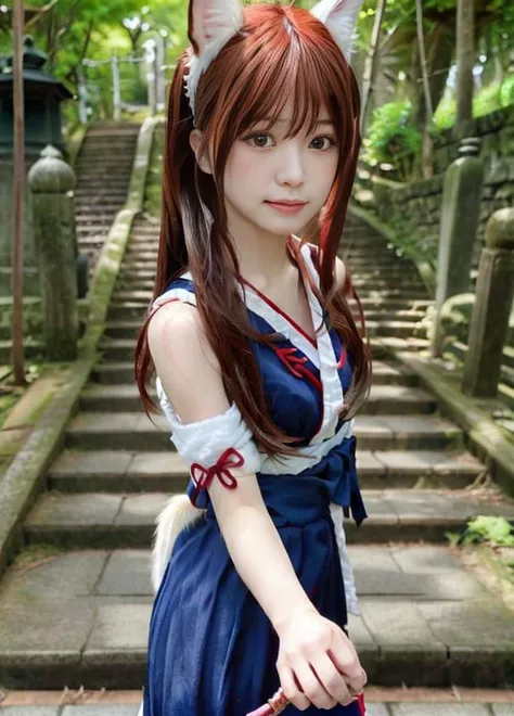 torso photo of mewachu:1<lora:MewAchu:0.7> long wavy hair, hand swining motion blur,as japanese witch at step way of temple, fox headband , wideangle, close up
