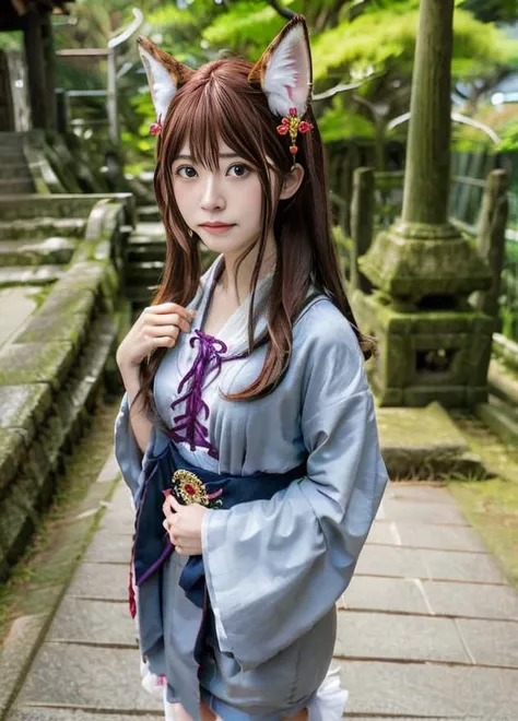 torso photo of mewachu:1<lora:MewAchu:0.7> long wavy hair, hand swining motion blur,as japanese witch at step way of temple, fox headband , wideangle, close up