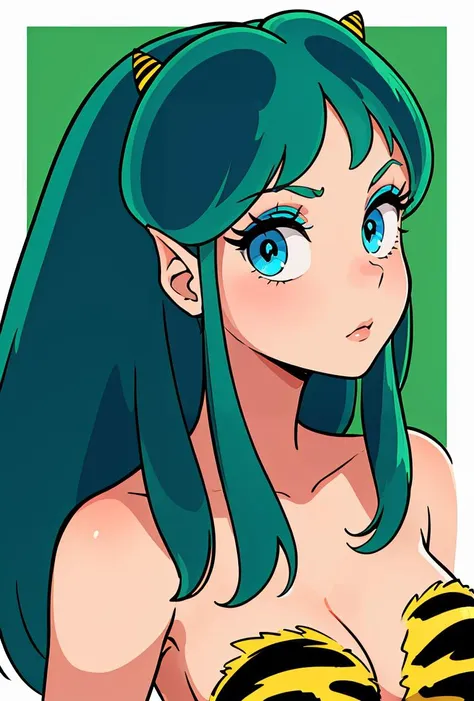 (masterpiece, best quality), 1girl,    <lora:Lum:0.8> lum, long hair, breasts, blue eyes,  green hair, horns, strapless, makeup, animal print, eyeshadow, oni horns, oni,