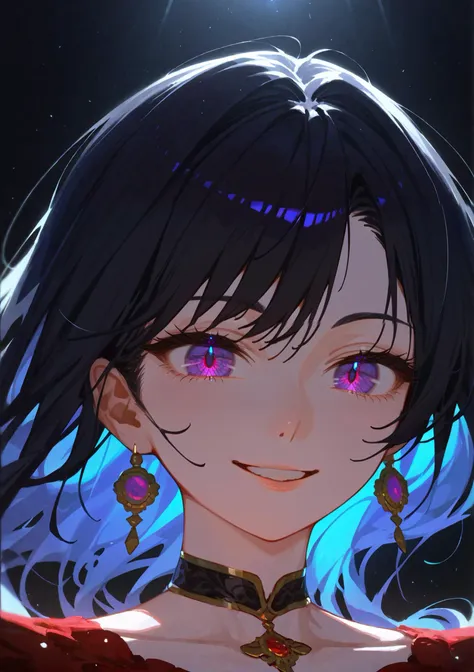 <lora:HerrscherAGGA2024_Mevak_V4:1> Mevak_PS, score_9, score_8_up, score_7_up, source_anime, (masterpiece, perfectly detailed, stunning face, expressive eyes, vibrant colors), ultra HD, 8K, 1girl, black hair, straight hair, violet eyes, subtle smile, upper body portrait, red dress, intricate embroidery, gold accents, black choker, fair skin, soft lighting, elegant background, art deco style, regal atmosphere <lora:Fixhands_anime_bdsqlsz_V1:2>