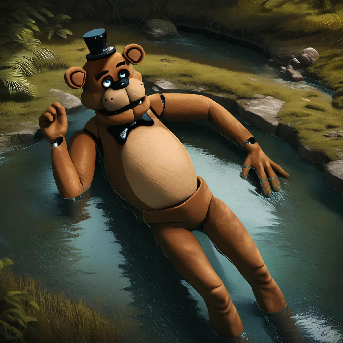 freddy, realistic, laying on grass, masterpiece, best quality, detailed backgdound, , water fall, jungle