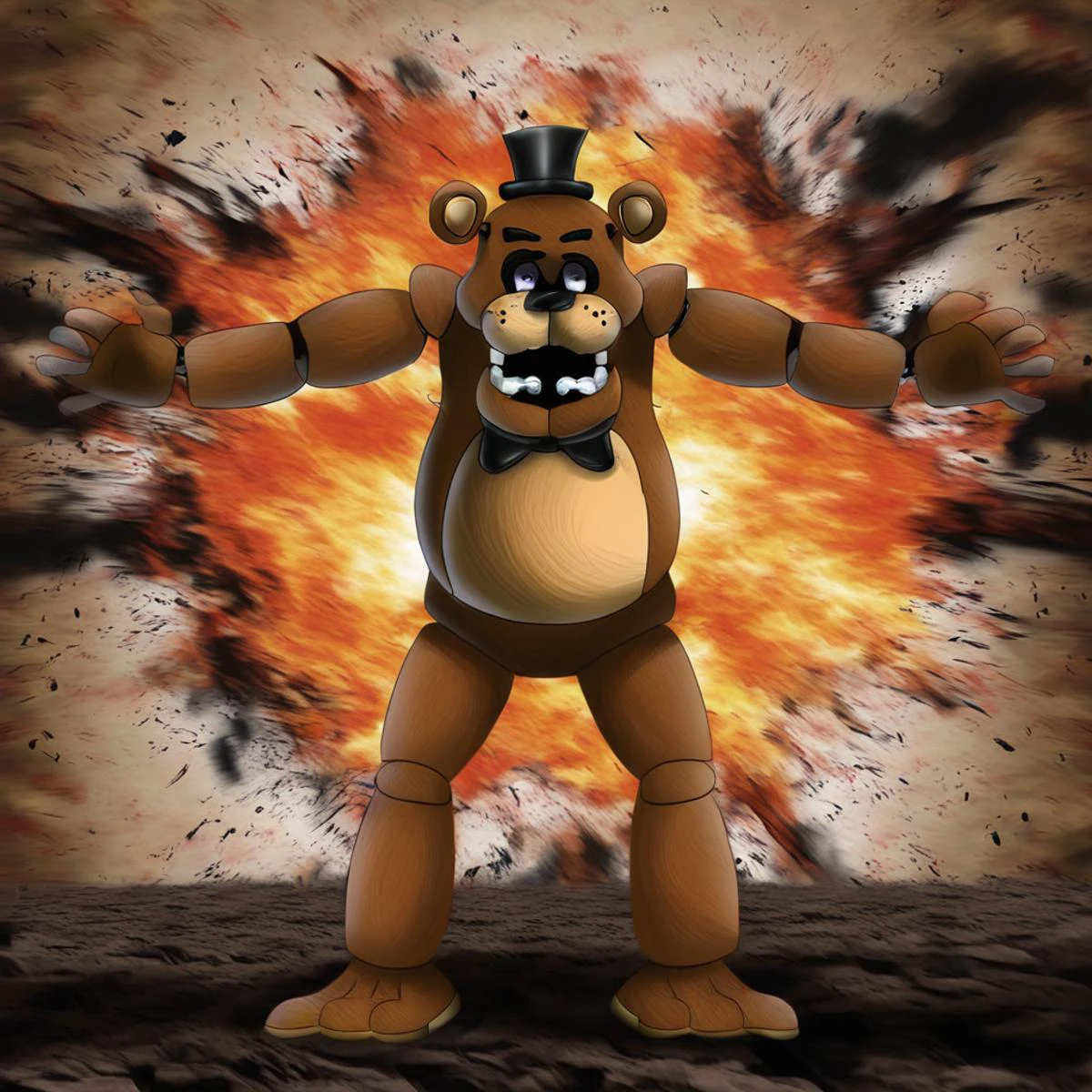 freddy, masterpiece, best quality, detailed backgdound, fire background, screaming, destroyed city, zoomed out, full body