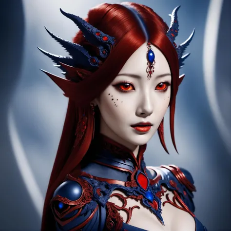 Venabaris woman with porcelaine skin and detailed skin complexion and freckles, filled eyes, (filled sclera), unworldly, Facial clarity, Powerful demeanor, Striking features, red and deep-blue, warm and cold <lora:SDXL_VenabarisXLpatch1:0.95>