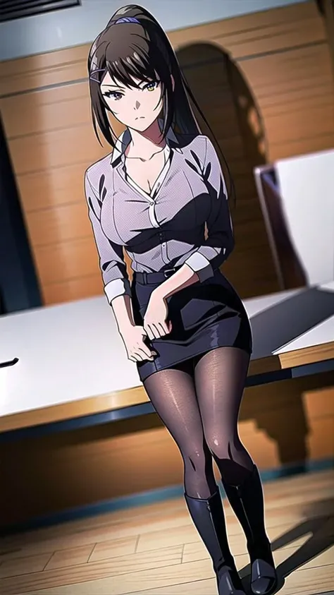 highest quality, masterpiece, High resolution, 1 girl, sae chabashira, (30 year old adult woman:1.5), Long Hair, (black髪:1.5), hair ornaments, (Brown eyes:1.5), ponytail, (Hair Clip), clavicle, (black_Jacket:1.5), (whiteのシャツ:1.5), (Detailed and beautiful eyes:1.6), Highly detailed face, Perfect lighting, Extremely detailed CG, (Perfect hands, Perfect Anatomy), (blush), big, classroom, (open chest:1.5), (big胸:1.5), (black_pantyhose:1.5), (Wide pelvis), (とてもbig_Lower Body:1.5), (Very thick_Thighs:1.5), (black_Pencil Skirt:1.5), (完全に露出したpanties:1.5), (panties丸見え:1.5), (white_It's stuck in_panties:1.5), (スカート that rolls up:1.5), (Close up on crotch:1.5), (From below:1.5), (Sitting in a chair:1.5), (Spread your legs as far apart as possible:1.5)
