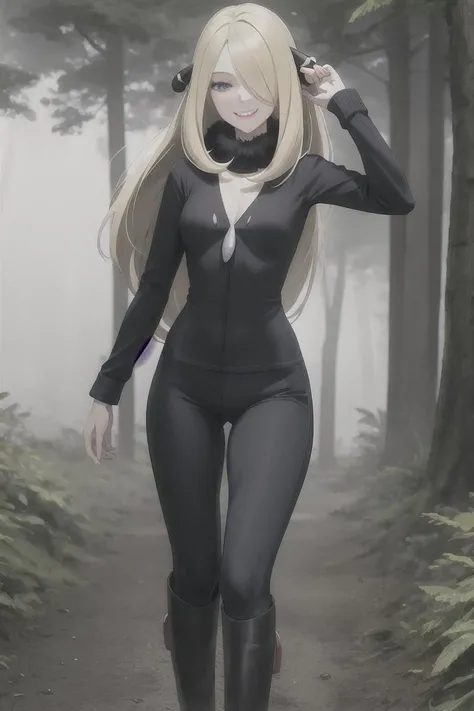 Highres, Detailed, Extremely Detailed,
foggy forest, outoors,
solo, cynthia (pokemon),
perfect slim body,
blue eyes, seductive smile, teeth,
blonde hair, (long hair), hair over one eye, (hair ornament:1.1),
hyper detailed, high quality,
<lora:cynthia_v1_2:0.55>
ridingboots <lora:ridingboots:0.4>