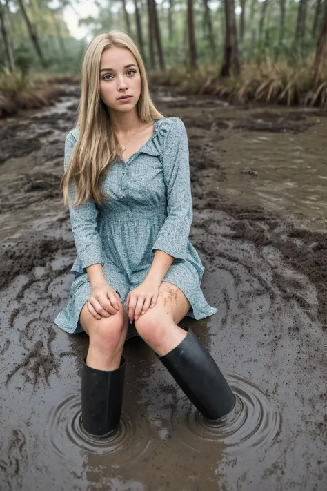 realistic photo, a realistic photo of 18yo girl in a sundress, blonde hair, (1girl), (extremely detailed CG unity 8k wallpaper), photo of the most beautiful artwork in the world, professional majestic (photography by Steve McCurry), 8k uhd, dslr, soft lighting, high quality, film grain, Fujifilm XT3 sharp focus, f 5.6, High Detail, Sharp focus, dramatic, (looking at viewer:1.2), (detailed pupils:1.3), (natural light), barefoot,
muddy ground, swamp, partially submerged <lora:partially_submerged:0.7>
ridingboots <lora:ridingboots:1>