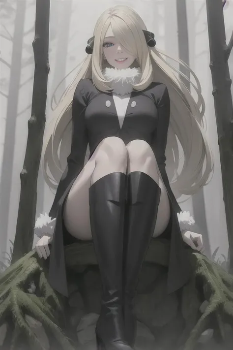 Highres, Detailed, Extremely Detailed,
foggy forest, outoors,
solo, cynthia (pokemon),
perfect slim body,
blue eyes, seductive smile, teeth,
blonde hair, (long hair), hair over one eye, (hair ornament:1.1),
hyper detailed, high quality,
<lora:cynthia_v1_2:0.55>
(ridingboots) <lora:ridingboots:0.2>