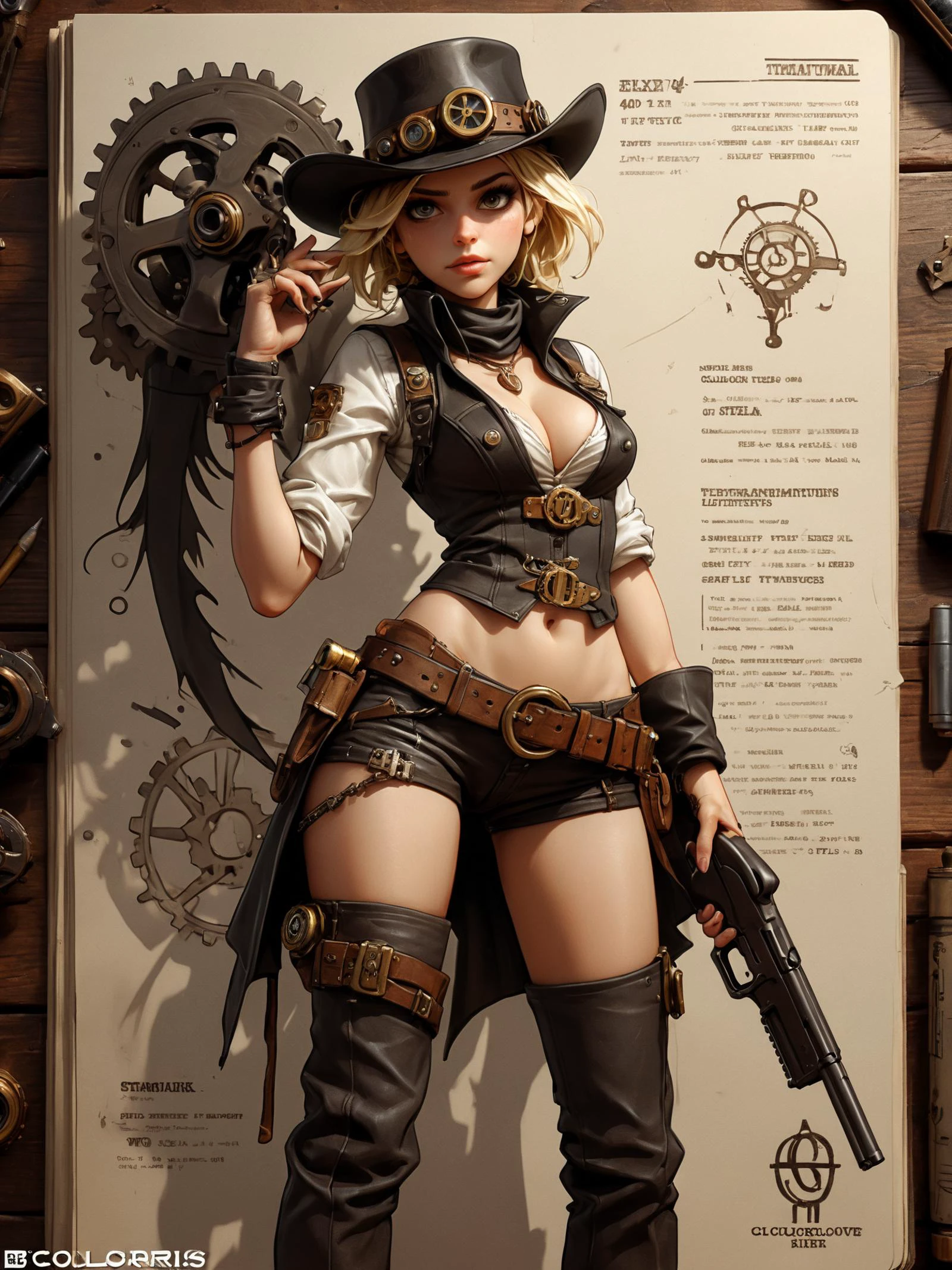 <Lora:texta> Sketchbook Style, Sketch book, hand drawn, dark, gritty, realistic sketch, Rough sketch, mix of bold dark lines and loose lines, bold lines, on paper, turnaround character sheet, a beautiful petite blonde woman in a steampunk world, Full body, Cowboy hat, two pistols in a holster on a hip, steampunk symbols and adornings, a sign next to her with the text "Ellen 40", cowskull on the ground next to sign, crow on top of sign, mechanical, dark theme, Perfect composition golden ratio, masterpiece, best quality, monochromatic, sharp focus. Better hand, perfect anatomy
epic action, Unreal Engine, cinematic award winning artwork, many details, extreme detailed, full of details,Wide range of colors., dramatic, Dynamic,Cinematic,Sharp details, Insane quality. Insane resolution. Insane details. Masterpiece. 32k resolution. casting shadow style, cucoloris patterned illumination, dvr-lnds-sdxl, ral-dissolve, ral-ertmsphr, ral-porcelain, ral-pxlprtcl, Niji, aidma-niji