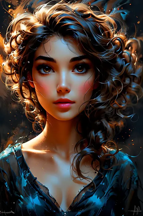 young woman, pretty face, youthful face, zavy-lqdprtrt, oil and watercolor painting, loose curls hair style, dark blonde hairs, looking to the side, dutch angle, absurdres, masterpiece, 8k, high detail, intricate, best quality, watercolor painting, vibrant, beautiful, painterly, detailed, textural, artistic, upper body, <lora:Desolation:0.2>, <lora:zavy-lqdprtrt-sdxl:0.5>