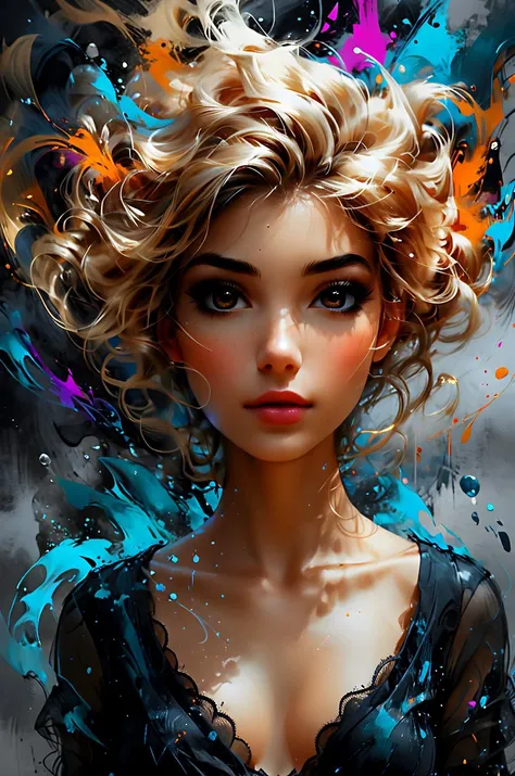 young woman, pretty face, youthful face, zavy-lqdprtrt, oil and watercolor painting, 360 waves hair style, blonde hairs, looking afar, from above, absurdres, masterpiece, 8k, high detail, intricate, best quality, watercolor painting, vibrant, beautiful, painterly, detailed, textural, artistic, upper body, <lora:Desolation:0.2>, <lora:zavy-lqdprtrt-sdxl:0.5>