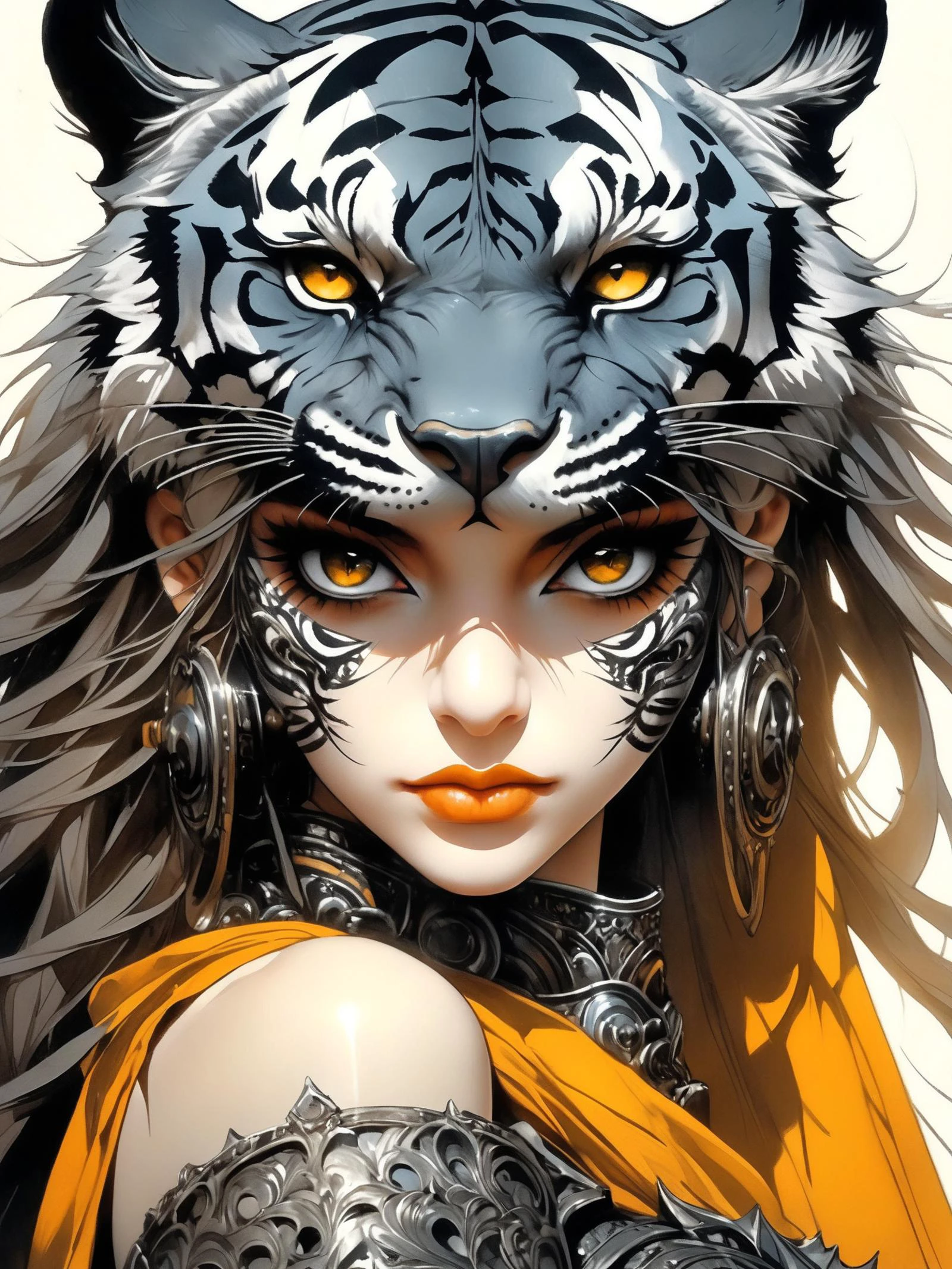 Comic's Luis Royo style, human wearing a mask made of steel, face figure a tiger, great helm made of iron covering the entire head, little tiger's ears on it, sketch, dark fantasy, illustration
epic action, Unreal Engine, cinematic award winning artwork, many details, extreme detailed, full of details,Wide range of colors., dramatic, Dynamic,Cinematic,Sharp details, Insane quality. Insane resolution. Insane details. Masterpiece. 32k resolution. casting shadow style, cucoloris patterned illumination, dvr-lnds-sdxl, ral-dissolve, ral-ertmsphr, ral-porcelain, ral-pxlprtcl, Niji, aidma-niji