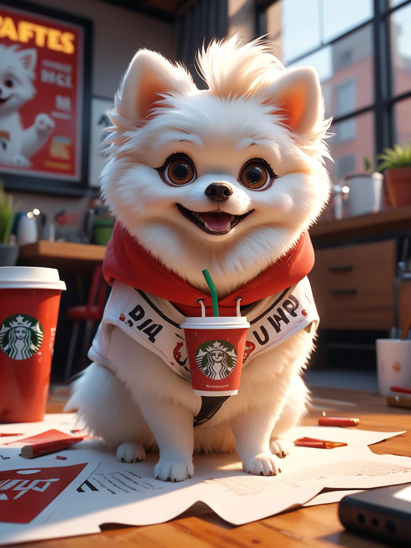 (Ultra-HD-quality-details, real-photo-realistic, ideal), Cute cartoon style >Treat the following Prompt Elements with equal Emphasis<draw a extra white pomeranian dog | with white fur all over | No cream patches anywhere | wearing a red hoody| Text "Izzy" in rosegold colors | starbucks cup in front of her, cinematic, poster, typography, 3d render
epic action, Unreal Engine, cinematic award winning artwork, many details, extreme detailed, full of details,Wide range of colors., dramatic, Dynamic,Cinematic,Sharp details, Insane quality. Insane resolution. Insane details. Masterpiece. 32k resolution. casting shadow style, cucoloris patterned illumination, dvr-lnds-sdxl, ral-dissolve, ral-ertmsphr, ral-porcelain, ral-pxlprtcl, Niji, aidma-niji
