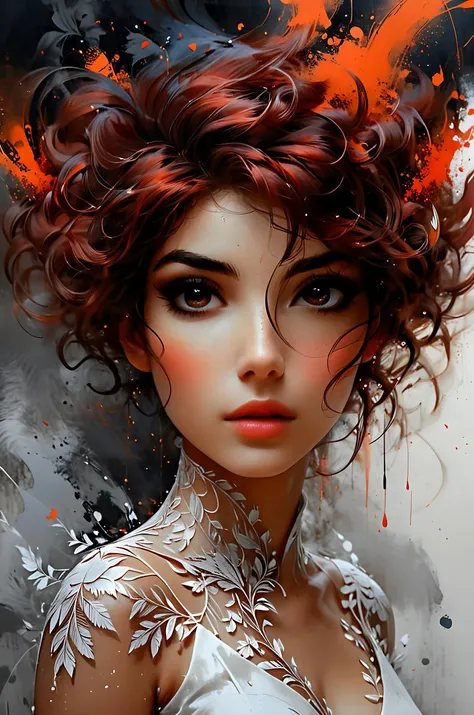young woman, pretty face, youthful face, zavy-lqdprtrt, oil and watercolor painting, curly pixie hair style, red hairs, looking at viewer, from below, absurdres, masterpiece, 8k, high detail, intricate, best quality, watercolor painting, vibrant, beautiful, painterly, detailed, textural, artistic, upper body, <lora:Desolation:0.2>, <lora:zavy-lqdprtrt-sdxl:0.5>