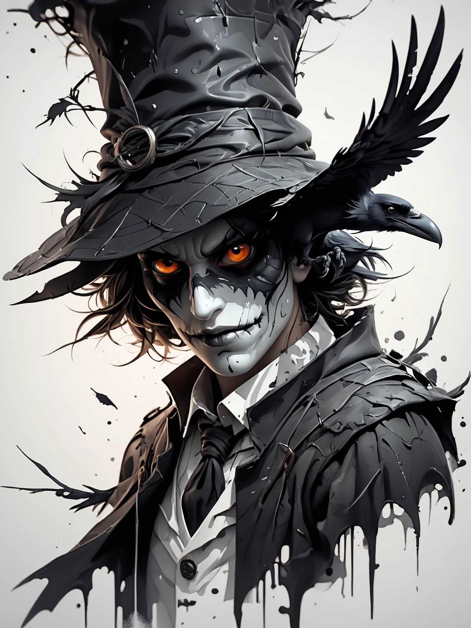 Vektor Create an exquisite ink painting on white paper that is the perfect multi-exposure work of art. This piece was intended to combine the volume-shaded of a Raven and a scarecrow . Hyper realistic .Tattoo style, paint splash, colors in white ,black and white , illustration, painting, photo, poster, dark fantasy
epic action, Unreal Engine, cinematic award winning artwork, many details, extreme detailed, full of details,Wide range of colors., dramatic, Dynamic,Cinematic,Sharp details, Insane quality. Insane resolution. Insane details. Masterpiece. 32k resolution. casting shadow style, cucoloris patterned illumination, dvr-lnds-sdxl, ral-dissolve, ral-ertmsphr, ral-porcelain, ral-pxlprtcl, Niji, aidma-niji