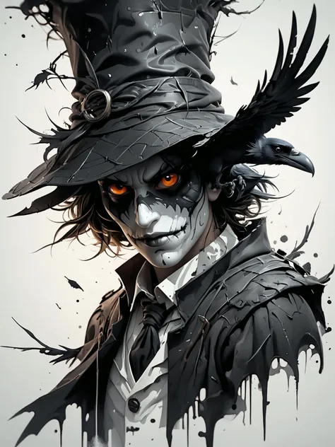 Vektor Create an exquisite ink painting on white paper that is the perfect multi-exposure work of art. This piece was intended to combine the volume-shaded of a Raven and a scarecrow . Hyper realistic .Tattoo style, paint splash, colors in white ,black and white , illustration, painting, photo, poster, dark fantasy

epic action, Unreal Engine, cinematic award winning artwork, many details, extreme detailed, full of details,Wide range of colors., dramatic, Dynamic,Cinematic,Sharp details, Insane quality. Insane resolution. Insane details. Masterpiece. 32k resolution. casting shadow style, cucoloris patterned illumination,  dvr-lnds-sdxl, ral-dissolve, ral-ertmsphr, ral-porcelain, ral-pxlprtcl, Niji, aidma-niji