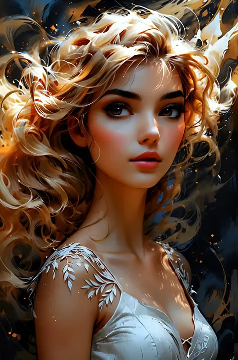 young woman, pretty face, youthful face, zavy-lqdprtrt, oil and watercolor painting, zigzag part hair style, medium blonde hairs, looking to the side, from below, absurdres, masterpiece, 8k, high detail, intricate, best quality, watercolor painting, vibrant, beautiful, painterly, detailed, textural, artistic, upper body, <lora:Desolation:0.2>, <lora:zavy-lqdprtrt-sdxl:0.5>