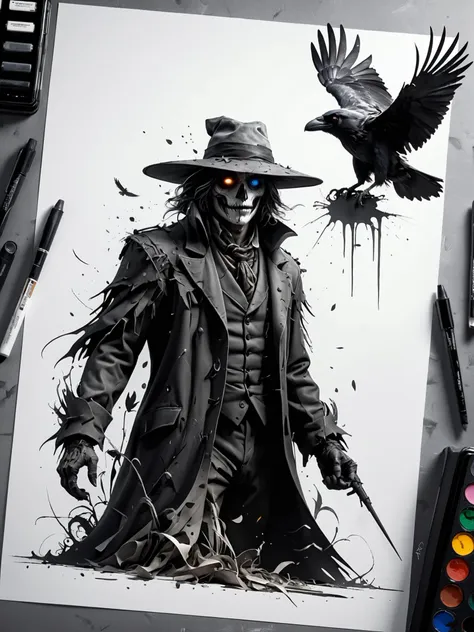 Vektor Create an exquisite ink painting on white paper that is the perfect multi-exposure work of art. This piece was intended to combine the volume-shaded of a Raven and a scarecrow . Hyper realistic .Tattoo style, paint splash, colors in white ,black and white , illustration, painting, photo, poster, dark fantasy

epic action, Unreal Engine, cinematic award winning artwork, many details, extreme detailed, full of details,Wide range of colors., dramatic, Dynamic,Cinematic,Sharp details, Insane quality. Insane resolution. Insane details. Masterpiece. 32k resolution. casting shadow style, cucoloris patterned illumination,  dvr-lnds-sdxl, ral-dissolve, ral-ertmsphr, ral-porcelain, ral-pxlprtcl, Niji, aidma-niji