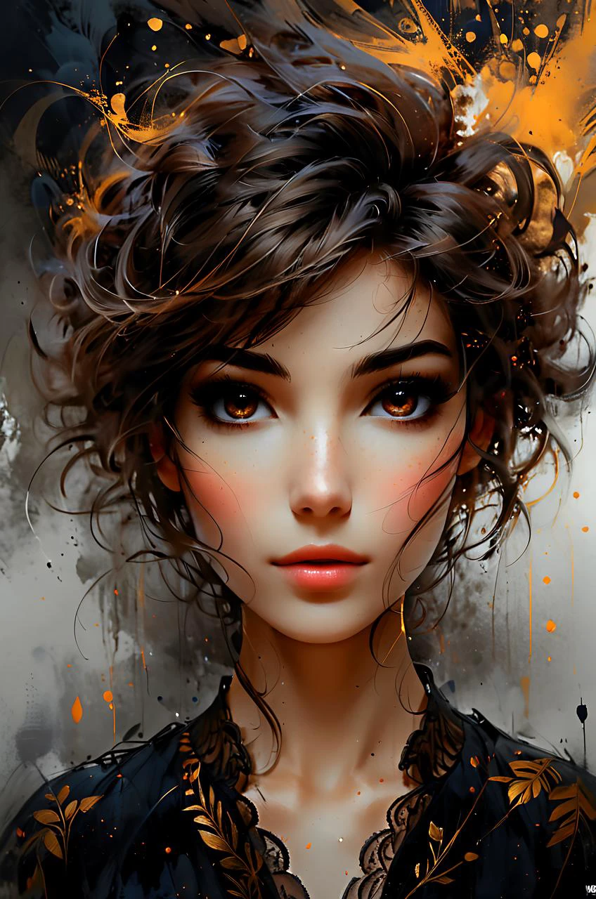 young woman, pretty face, youthful face, zavy-lqdprtrt, oil and watercolor painting, shag cut hair style, brown hairs, looking at viewer, from the front, absurdres, masterpiece, 8k, high detail, intricate, best quality, watercolor painting, vibrant, beautiful, painterly, detailed, textural, artistic, upper body, <lora:Desolation:0.2>, <lora:zavy-lqdprtrt-sdxl:0.5>