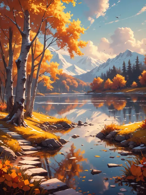 A stunning and captivating art piece by the talented artist "red\_poppy" features four vertically arranged canvas paintings, each representing a distinct season. The first canvas portrays the vibrant and lush beauty of spring, with an abundance of blooming flowers and greenery. The second captures the warmth and vibrancy of summer, showcasing a picturesque beach scene and a breathtaking sunset. The third canvas embodies the charm of autumn, featuring a serene lake surrounded by a landscape of golden leaves. The fourth painting brings the tranquil essence of winter, depicting a snowy landscape and an icy lake reflecting the moonlight. The artwork, signed by the artist, adds a personal touch and authenticity to this extraordinary, masterful creation., typography
epic action, Unreal Engine, cinematic award winning artwork, many details, extreme detailed, full of details,Wide range of colors., dramatic, Dynamic,Cinematic,Sharp details, Insane quality. Insane resolution. Insane details. Masterpiece. 32k resolution. casting shadow style, cucoloris patterned illumination, dvr-lnds-sdxl, ral-dissolve, ral-ertmsphr, ral-porcelain, ral-pxlprtcl, Niji, aidma-niji