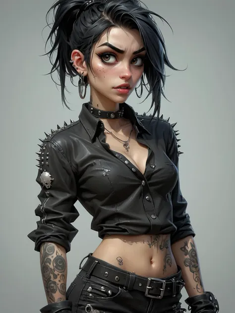 goth girl, her messy jet black hair is pulled back in a ponytail, the scars over her face are prominent but look old, she’s dressed all in black wearing a black long sleeve shirt covered in silver studs and spikes, tight black jeans, leather combat boots, she’s covered in tattoos, and piercings. character illustration by felicien rops, illustration, conceptual art

epic action, Unreal Engine, cinematic award winning artwork, many details, extreme detailed, full of details,Wide range of colors., dramatic, Dynamic,Cinematic,Sharp details, Insane quality. Insane resolution. Insane details. Masterpiece. 32k resolution. casting shadow style, cucoloris patterned illumination,  dvr-lnds-sdxl, ral-dissolve, ral-ertmsphr, ral-porcelain, ral-pxlprtcl, Niji, aidma-niji