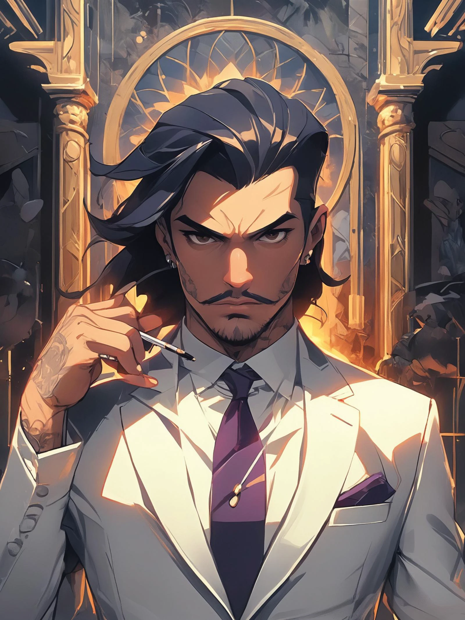 A captivating portrait of Edgar Valdez, a notorious drug lord turned informant. With a chiseled face, piercing eyes, and slicked-back hair, Valdez exudes both power and menace. He wears a tailored suit, a symbol of his former affluence, and holds a lit cigar in one hand. The background is a dimly-lit room with shadows cast across the walls, creating an atmosphere of mystery and danger.
epic action, Unreal Engine, cinematic award winning artwork, many details, extreme detailed, full of details,Wide range of colors., dramatic, Dynamic,Cinematic,Sharp details, Insane quality. Insane resolution. Insane details. Masterpiece. 32k resolution. casting shadow style, cucoloris patterned illumination, dvr-lnds-sdxl, ral-dissolve, ral-ertmsphr, ral-porcelain, ral-pxlprtcl, Niji, aidma-niji