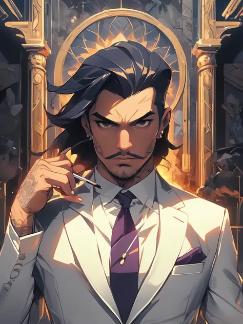 A captivating portrait of Edgar Valdez, a notorious drug lord turned informant. With a chiseled face, piercing eyes, and slicked-back hair, Valdez exudes both power and menace. He wears a tailored suit, a symbol of his former affluence, and holds a lit cigar in one hand. The background is a dimly-lit room with shadows cast across the walls, creating an atmosphere of mystery and danger.

epic action, Unreal Engine, cinematic award winning artwork, many details, extreme detailed, full of details,Wide range of colors., dramatic, Dynamic,Cinematic,Sharp details, Insane quality. Insane resolution. Insane details. Masterpiece. 32k resolution. casting shadow style, cucoloris patterned illumination,  dvr-lnds-sdxl, ral-dissolve, ral-ertmsphr, ral-porcelain, ral-pxlprtcl, Niji, aidma-niji