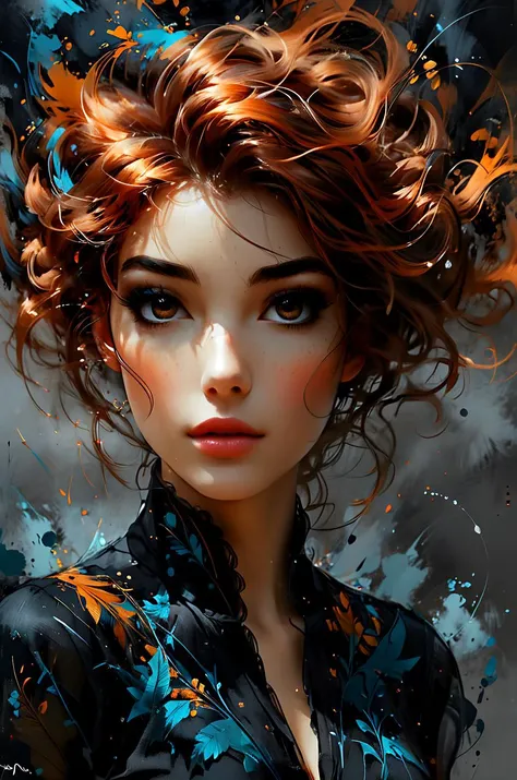 young woman, pretty face, youthful face, zavy-lqdprtrt, oil and watercolor painting, razorcut hair style, ginger hairs, look up to, from above, absurdres, masterpiece, 8k, high detail, intricate, best quality, watercolor painting, vibrant, beautiful, painterly, detailed, textural, artistic, upper body, <lora:Desolation:0.2>, <lora:zavy-lqdprtrt-sdxl:0.5>