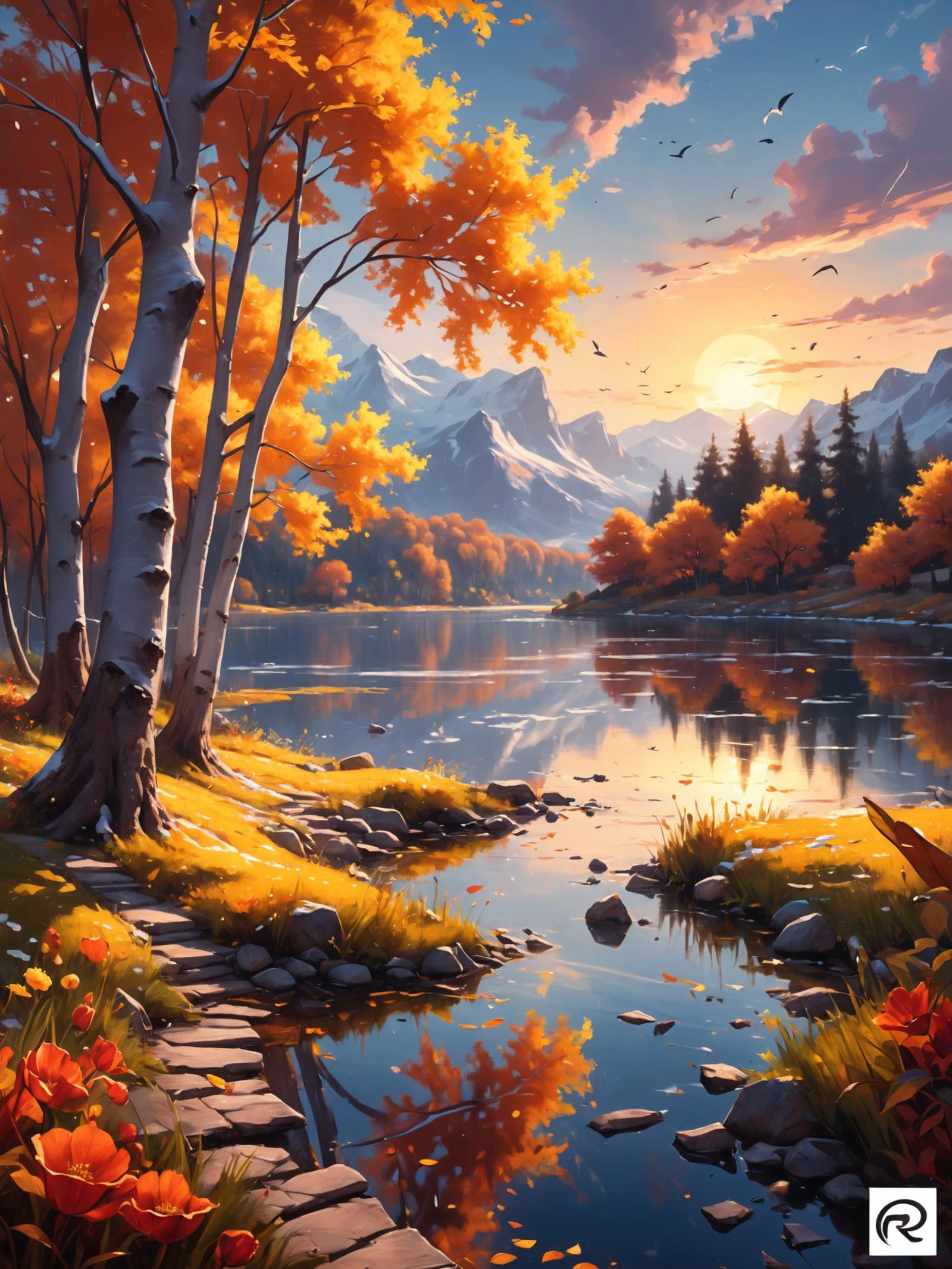 A stunning and captivating art piece by the talented artist "red\_poppy" features four vertically arranged canvas paintings, each representing a distinct season. The first canvas portrays the vibrant and lush beauty of spring, with an abundance of blooming flowers and greenery. The second captures the warmth and vibrancy of summer, showcasing a picturesque beach scene and a breathtaking sunset. The third canvas embodies the charm of autumn, featuring a serene lake surrounded by a landscape of golden leaves. The fourth painting brings the tranquil essence of winter, depicting a snowy landscape and an icy lake reflecting the moonlight. The artwork, signed by the artist, adds a personal touch and authenticity to this extraordinary, masterful creation., typography
epic action, Unreal Engine, cinematic award winning artwork, many details, extreme detailed, full of details,Wide range of colors., dramatic, Dynamic,Cinematic,Sharp details, Insane quality. Insane resolution. Insane details. Masterpiece. 32k resolution. casting shadow style, cucoloris patterned illumination, dvr-lnds-sdxl, ral-dissolve, ral-ertmsphr, ral-porcelain, ral-pxlprtcl, Niji, aidma-niji