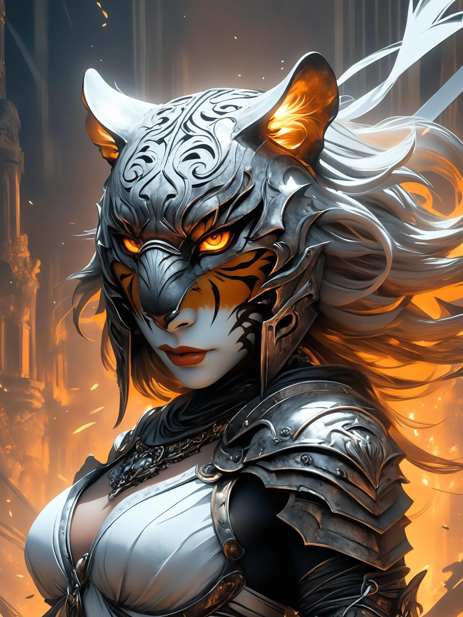 Comic's Luis Royo style, human wearing a mask made of steel, face figure a tiger, great helm made of iron covering the entire head, little tiger's ears on it, sketch, dark fantasy, illustration
epic action, Unreal Engine, cinematic award winning artwork, many details, extreme detailed, full of details,Wide range of colors., dramatic, Dynamic,Cinematic,Sharp details, Insane quality. Insane resolution. Insane details. Masterpiece. 32k resolution. casting shadow style, cucoloris patterned illumination, dvr-lnds-sdxl, ral-dissolve, ral-ertmsphr, ral-porcelain, ral-pxlprtcl, Niji, aidma-niji