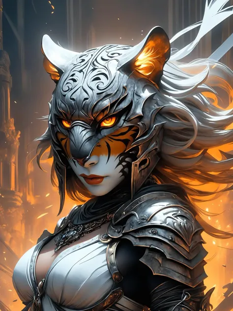 Comic's Luis Royo style, human wearing a mask made of steel, face figure a tiger, great helm made of iron covering the entire head, little tiger's ears on it, sketch, dark fantasy, illustration

epic action, Unreal Engine, cinematic award winning artwork, many details, extreme detailed, full of details,Wide range of colors., dramatic, Dynamic,Cinematic,Sharp details, Insane quality. Insane resolution. Insane details. Masterpiece. 32k resolution. casting shadow style, cucoloris patterned illumination,  dvr-lnds-sdxl, ral-dissolve, ral-ertmsphr, ral-porcelain, ral-pxlprtcl, Niji, aidma-niji