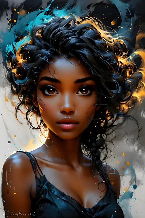 young woman, pretty face, youthful face, zavy-lqdprtrt, oil and watercolor painting, long hair style, senegalese twists hairs, looking ahead, from below, absurdres, masterpiece, 8k, high detail, intricate, best quality, watercolor painting, vibrant, beautiful, painterly, detailed, textural, artistic, upper body, <lora:Desolation:0.2>, <lora:zavy-lqdprtrt-sdxl:0.5>