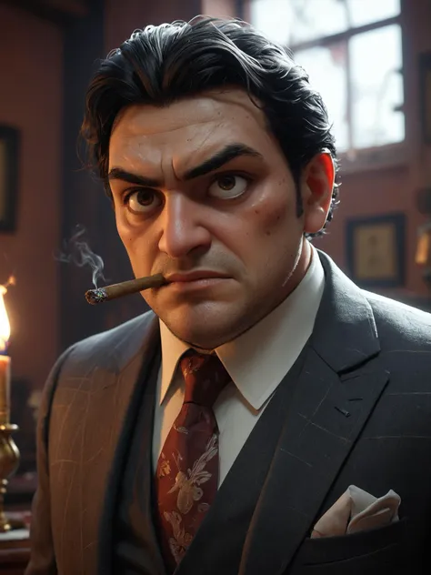 A captivating portrait of Edgar Valdez, a notorious drug lord turned informant. With a chiseled face, piercing eyes, and slicked-back hair, Valdez exudes both power and menace. He wears a tailored suit, a symbol of his former affluence, and holds a lit cigar in one hand. The background is a dimly-lit room with shadows cast across the walls, creating an atmosphere of mystery and danger.

epic action, Unreal Engine, cinematic award winning artwork, many details, extreme detailed, full of details,Wide range of colors., dramatic, Dynamic,Cinematic,Sharp details, Insane quality. Insane resolution. Insane details. Masterpiece. 32k resolution. casting shadow style, cucoloris patterned illumination,  dvr-lnds-sdxl, ral-dissolve, ral-ertmsphr, ral-porcelain, ral-pxlprtcl, Niji, aidma-niji