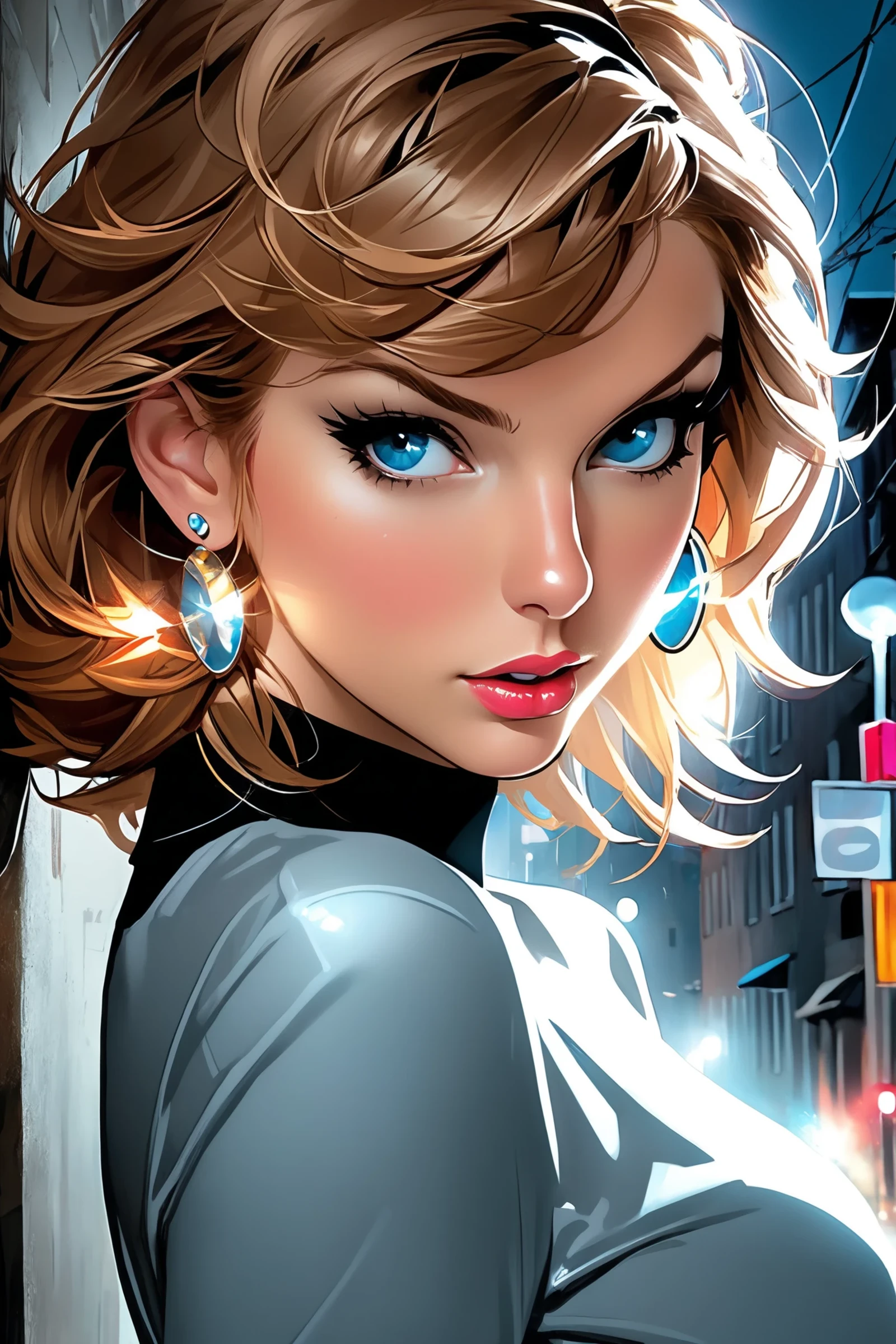 cherrmous style, ronidu style, illustration, sexy, bimbo, 1girl, solo, ([Audra( :0)Miller|Taylor( :0)Swift]:0.9), closeup, extreme closeup, Taylor( :0)Swift, looking at viewer, symmetric, centered, pantsuit, business suit, elegant suit, white crop top shirt, shinny skin, oily skin, subsurface skin scattering, shiny skin, choker, earrings, eyelashes, eyeshadow, lips, lipstick, jewelry, makeup, nose, parted lips, navel, beautiful detailed blue eyes, redhead, well-lit face, glowing face, face focus, see-through, (night:1.2), dark, scary, dark city, alley, chased, danger, worried, afraid, stressed, building, street lights, detailed background, [(dust particle paint explosion:1.2)::0.11], (secret:0.8),