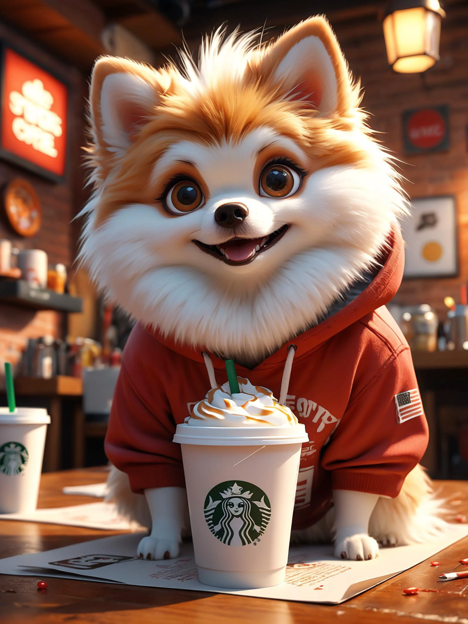 (Ultra-HD-quality-details, real-photo-realistic, ideal), Cute cartoon style >Treat the following Prompt Elements with equal Emphasis<draw a extra white pomeranian dog | with white fur all over | No cream patches anywhere | wearing a red hoody| Text "Izzy" in rosegold colors | starbucks cup in front of her, cinematic, poster, typography, 3d render
epic action, Unreal Engine, cinematic award winning artwork, many details, extreme detailed, full of details,Wide range of colors., dramatic, Dynamic,Cinematic,Sharp details, Insane quality. Insane resolution. Insane details. Masterpiece. 32k resolution. casting shadow style, cucoloris patterned illumination, dvr-lnds-sdxl, ral-dissolve, ral-ertmsphr, ral-porcelain, ral-pxlprtcl, Niji, aidma-niji